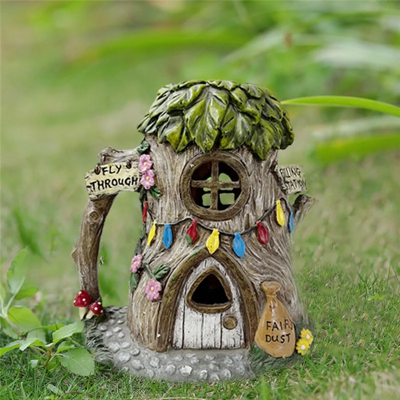 

ALIM-Resin Houses With Solar LED Lights Fairy Garden Accessories Outdoor Cottage Figurines Lawn Ornaments B