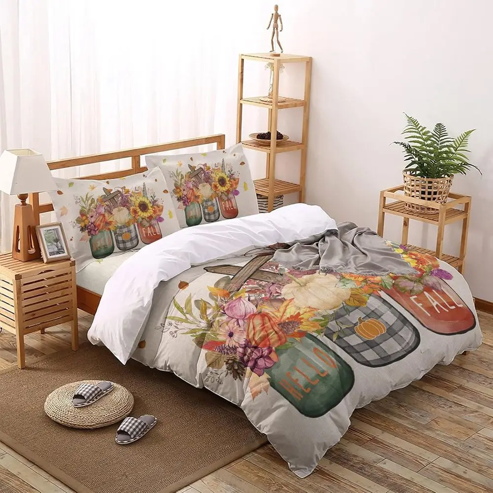 

Hello all 4 Pieces Duvet Cover Bedding Set - 1 Duvet Cover + 1 lat Sheet + 2 Pillow Shams, Thanksgiving Pumpkins Suower Vase Vin