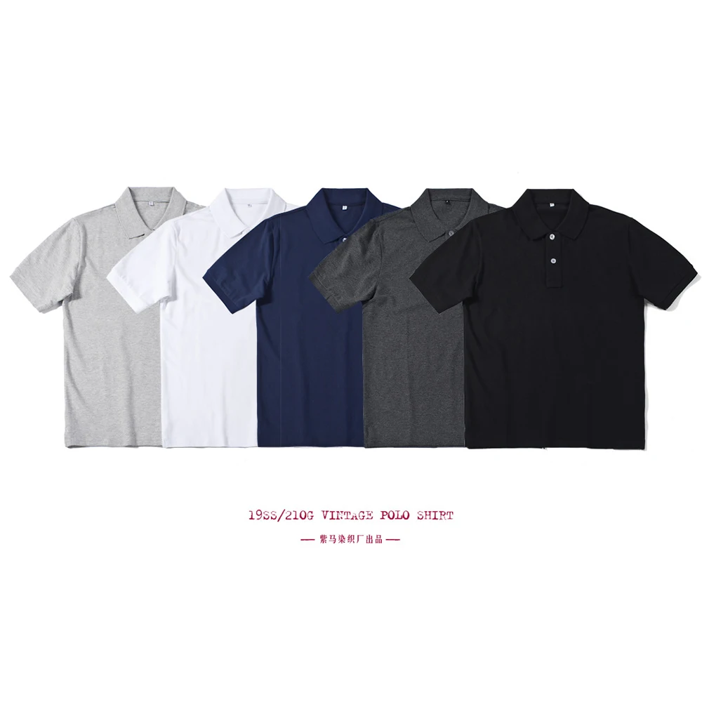 Amekaji Vintage Heavy Weight Cotton Gray Polo Shirt Men's Lapel Short Sleeve T-shirt Spring Autumn Solid Color Basic Loose Fit