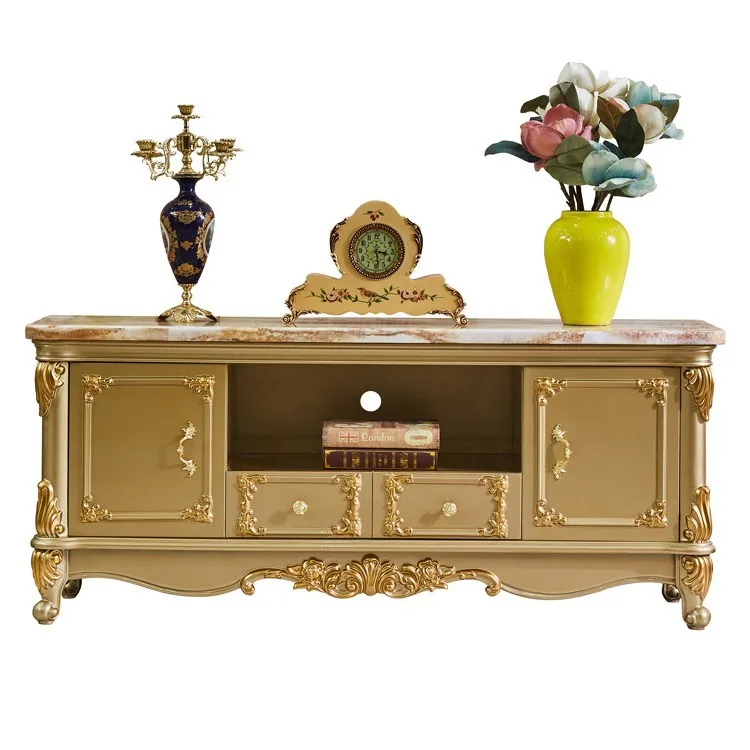 

European bedroom TV cabinet High master bedroom room floor cabinet Luxury champagne gold solid wood TV cabinet