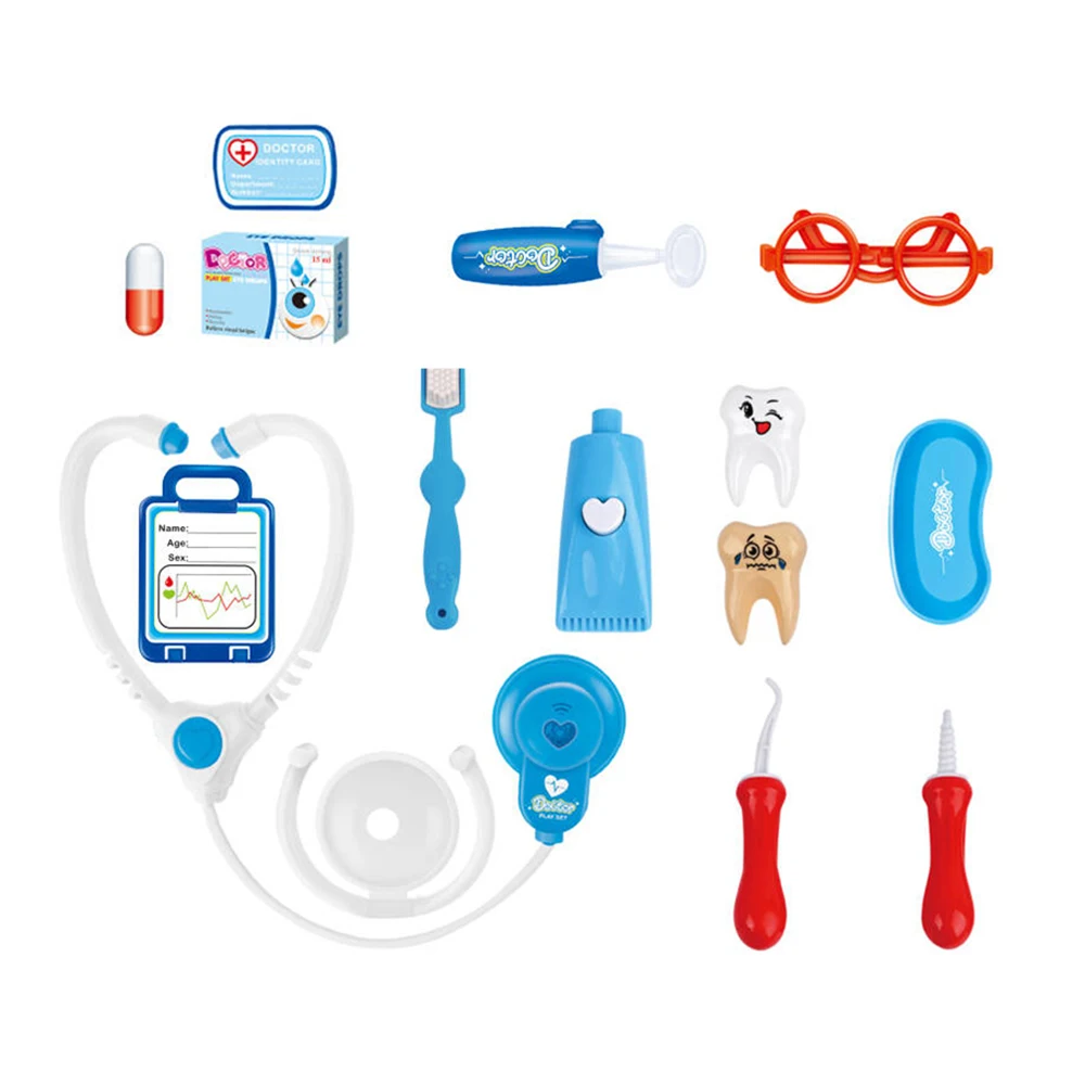 유아용 의사 키트 어린이 의사 놀이 세트 15개 구성품 포함: 테이퍼 파일, 치실 클리너, 칫솔, 청진기, 치아, 알약