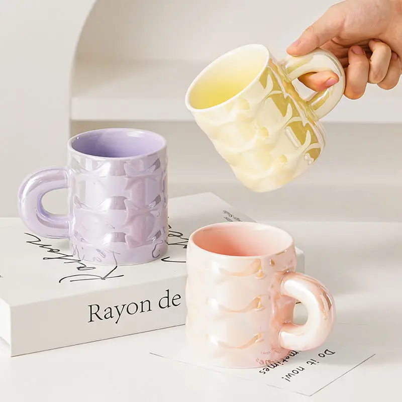 Couple Pearl Glazed Ceramic Mug,Macaron Colored Crystal Clear And Bright Breakfast Coffee Cup, Microwave Dishwasher Compatible