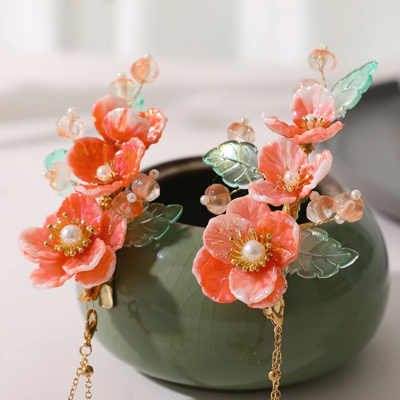 Jepit Rambut Rumbai Segar Antik Baru Aksesori Rambut Wanita Setelan Han Kuno Klip Tepi Kaca Bunga