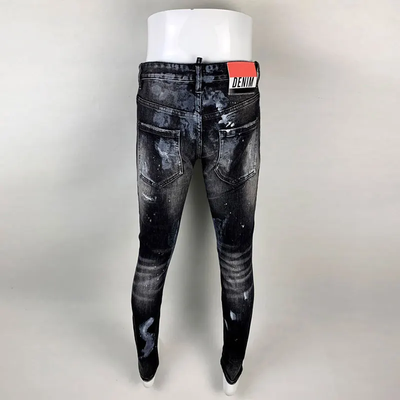 Designer Street Fashion Men's Black/Gray Stretch Slim Fit Jeans High-Quality Painted Corrugated Retro Hip-Hop Brand Pants