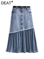 DEAT Women's Denim Skirt High Waist Patchwork Irregular Pleated Colored Stripes Long Skirts 2024 Autumn New Fashion 29L6536