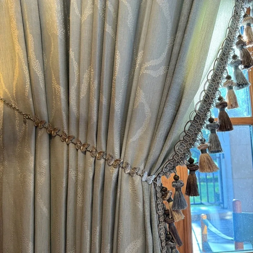 

Blue Jacquard Stitching Thickened Blackout Curtains for Living Room Bedroom French Window Balcony Partition Customized Villa