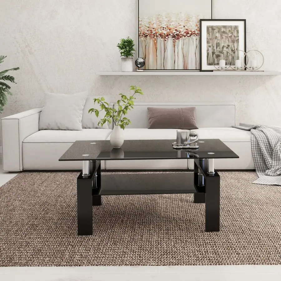 Rectangle Glass Coffee Table 2Tier Tea Table Modern Side Coffee Table for Living Room All Black