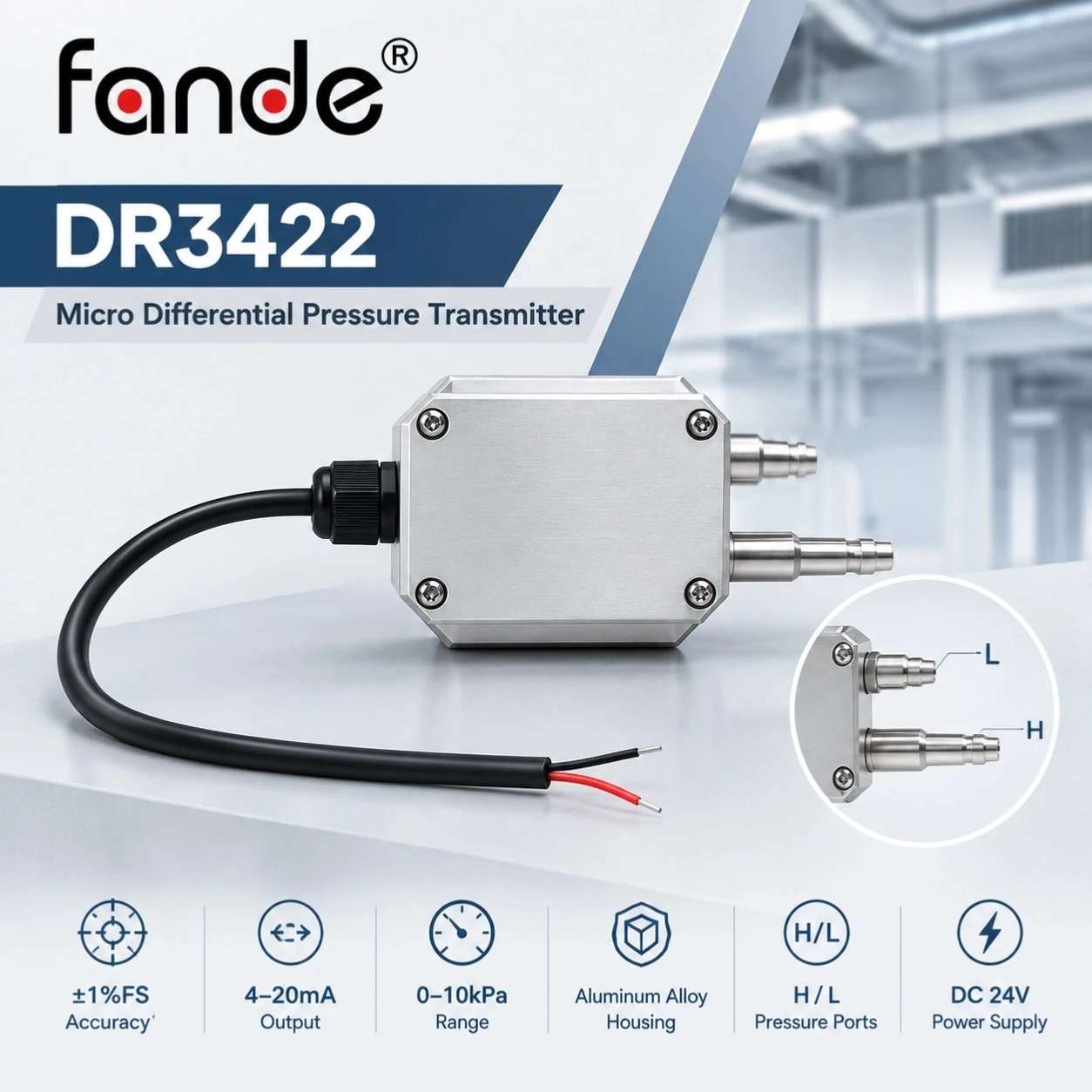Pressure Sensor 4-20mA 1%FS Differential Pressure Transmitter 0-10kPa HVAC Ventilation Cleanroom Air Duct Filter
