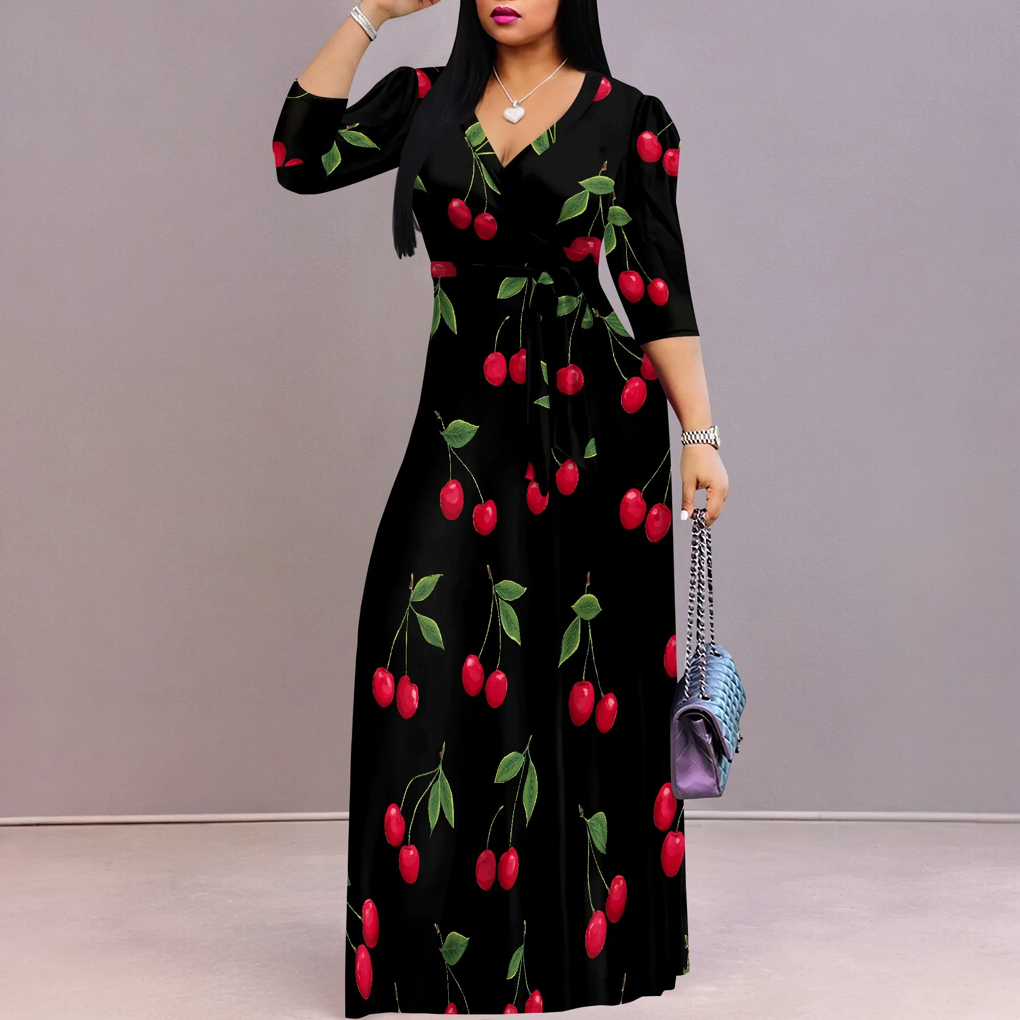 Women's Floral Print Maxi Dresses Summer with Pockets Casual 3 4 Sleeve V-Neck Wrap Tie Waist Long Dress