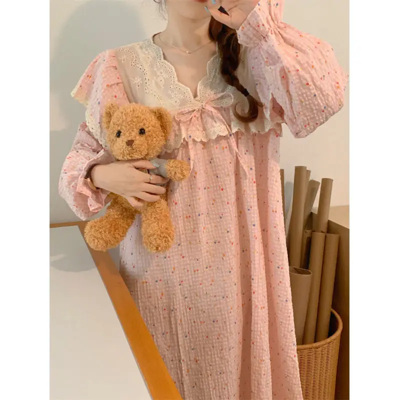 Piyama Lengan Panjang Bunga Renda Musim Semi Musim Gugur Versi Korea Baru Gaun Malam Pakaian Rumah Gaya Putri untuk Pakaian Wanita