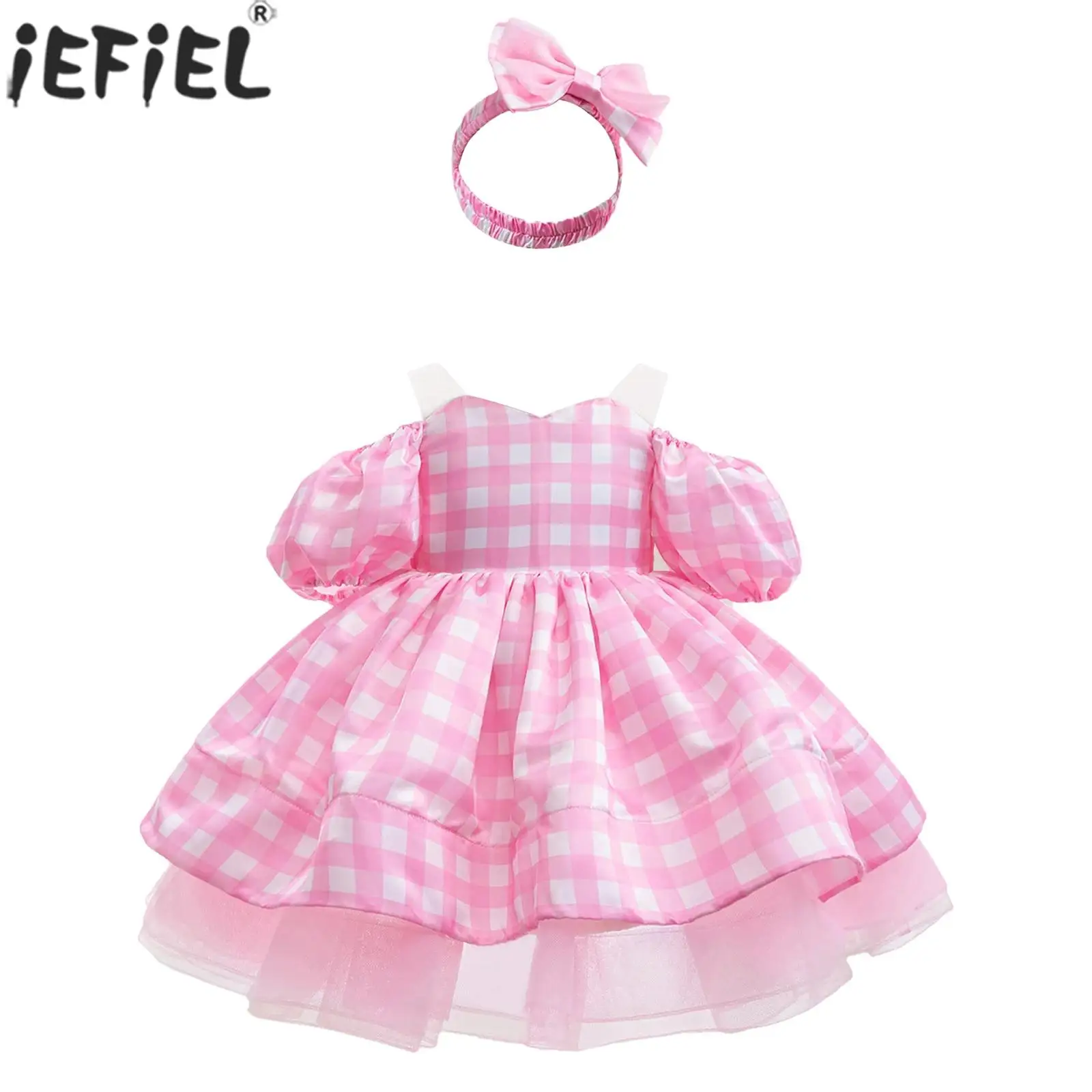 

Kids Girls Birthday Party Dress Off Shoulder Plaid Princess Tutu Gown with Headband for Halloween Photography Pageant Wedding