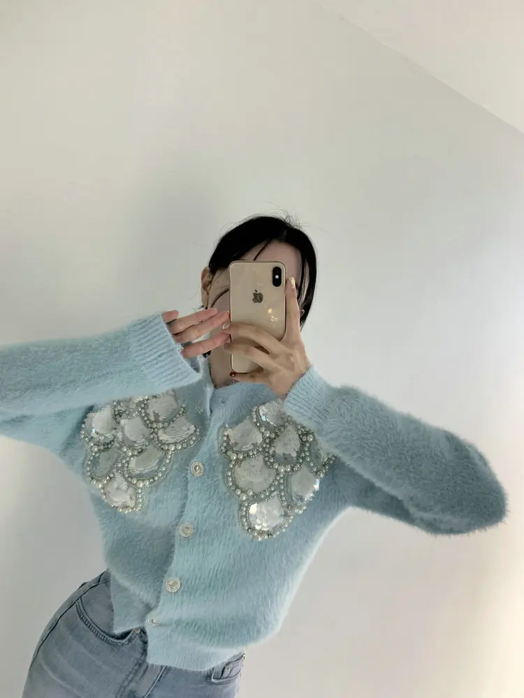 

Heavyweight iny Button Knitted round Ne Plu Cardigan Sweater Soft Fur Material Commute Sle Long Sve Regular Le...