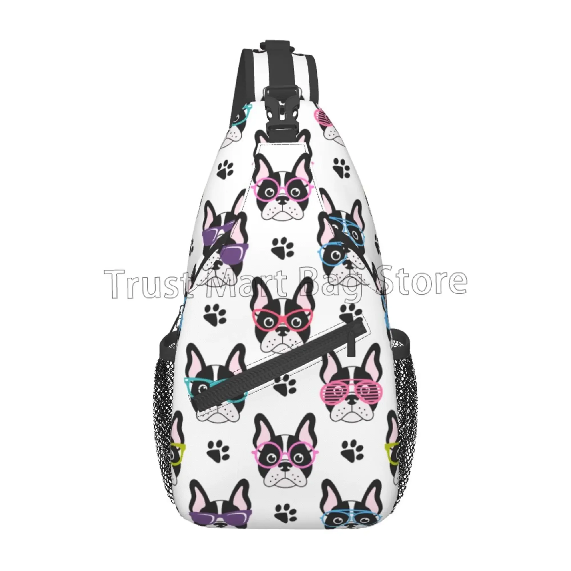 Cute French Bulldogs with Glasses Chest Bags Crossbody Sling Bag Travel Hiking Backpack Unisex Casual Daypack for Outdoor Sports