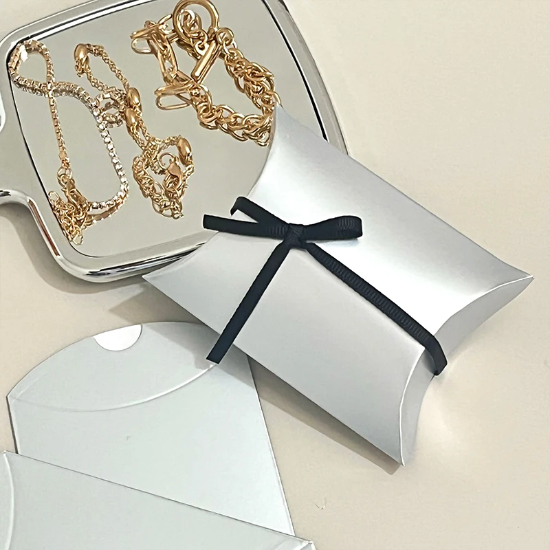 

50pcs Silver Color Pillow Paper Gift Boxes for Jewelry Small Gifts Packaging DIY NO Logo Christmas Bulk Retail Packing Case