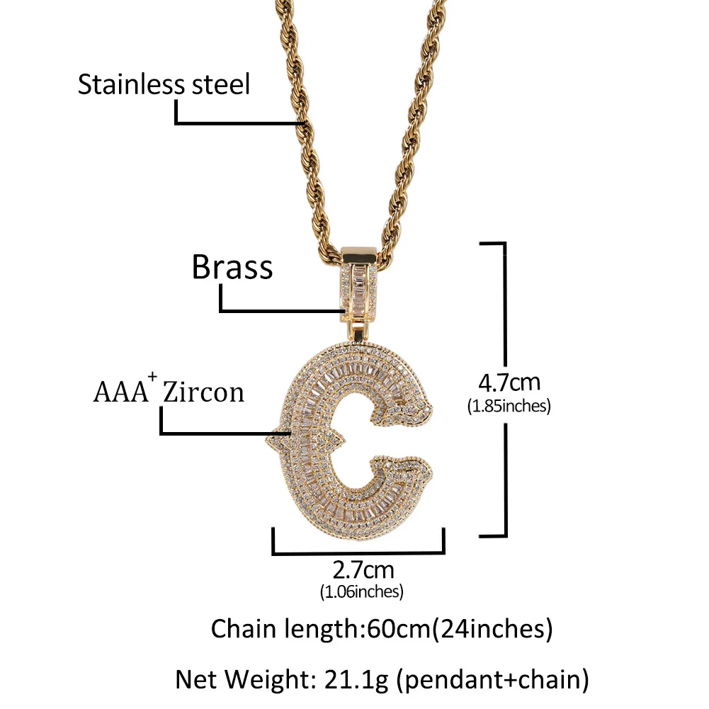 LeeChee Ice Out Hip Hop Full Diamonds Custom Letter Pendant Copper Necklace With Rope Chain Neckless Jewelry Gift For Men