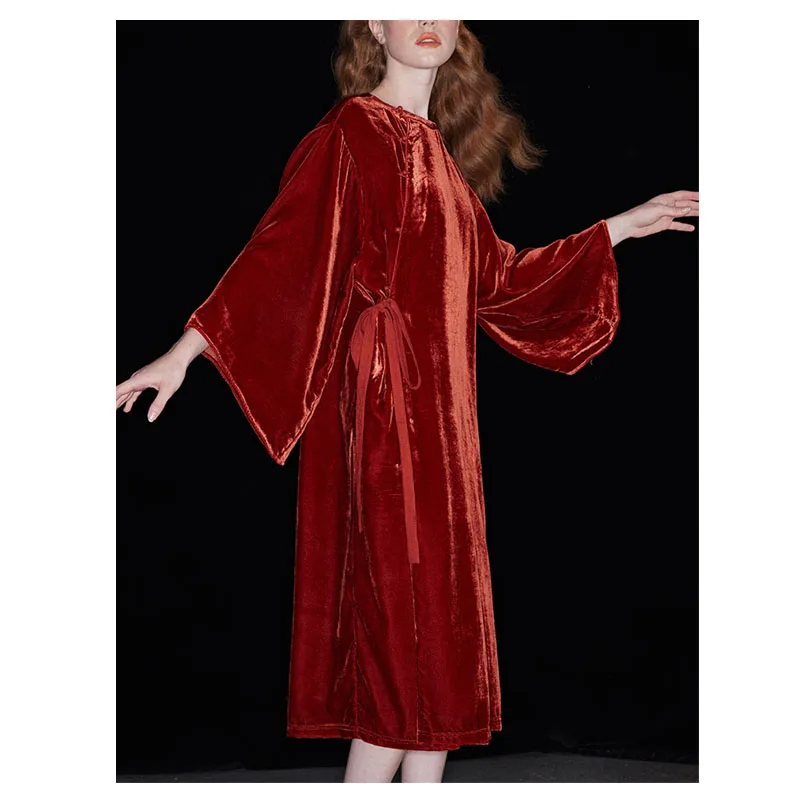 Fengbaoyu Velvet Spring Summer Ladies Chinese Cheongsam Seven-point Loose-sleeved Robe Red Dress Women's Clothes Free Shipping