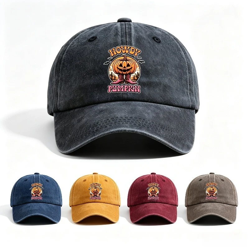 Vintage Baseball Cap Western Cowboy Boot Jack‑o‑Lantern Bat Cactus Graphic Unisex Dad Hat for Halloween Fall Daily Street Wear