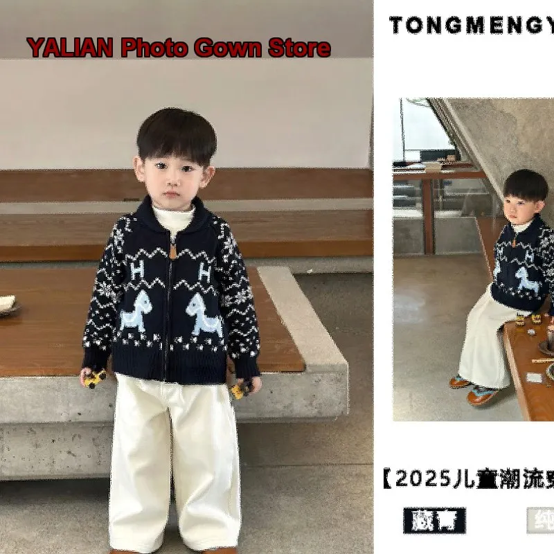 Boys Two-Piece Set Autumn Winter Fair Isle Zip Up Knit Thickened Fleece Lined Casual Pants