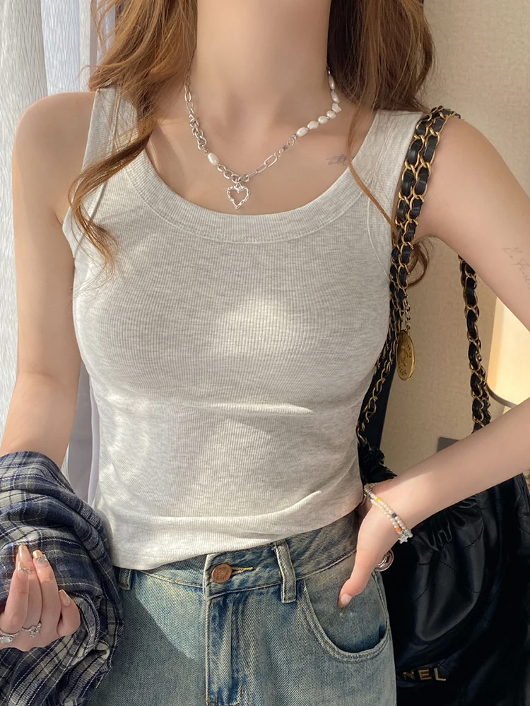 

2024 Summer Versatile Knit Sleeveless Tops Women Basic Solid Tank Tops Casual O-neck Slim Thin Tees Female Tops Ice shreds Vest