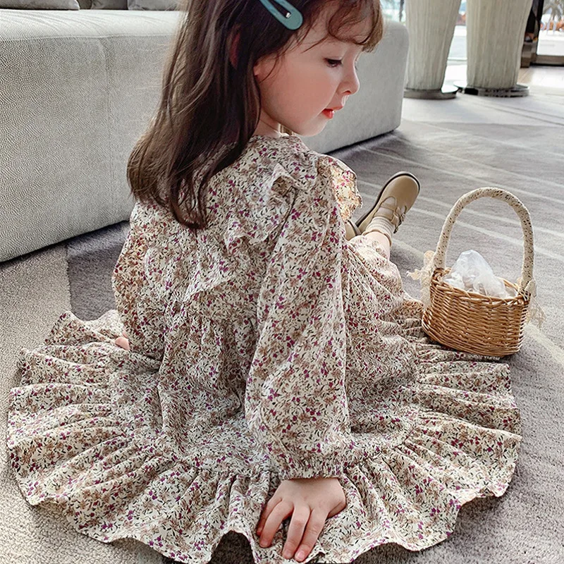 Girls Floral Princess Dress Spring Autumn New Pleated British Style Children\'S Clothing Pastoral Style Girls Fashion Kids Outfit