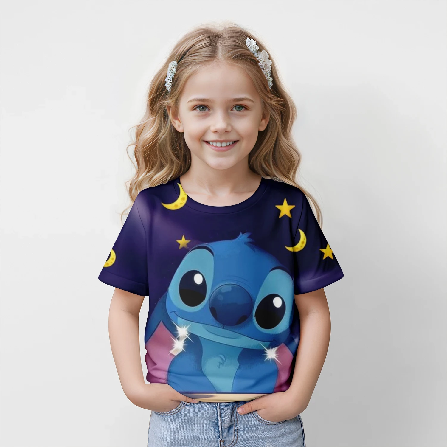 Desenhos animados Lilo e Stitch Tops infantis, camiseta infantil com impressão 3D, roupas casuais de manga curta, streetwear esportivo feminino, camisetas para o verão