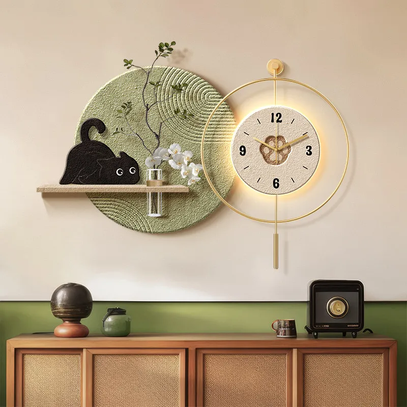 Antique style fun cat restaurant decoration hydroponic green plants dining table background wall clock wall lamp painting