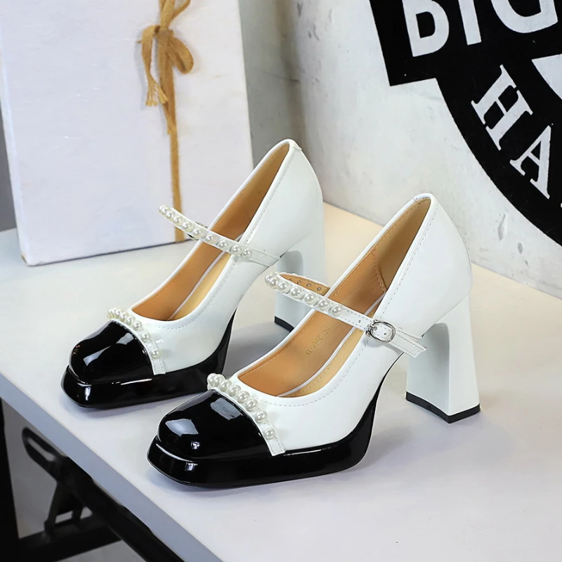 Retro Style Square Toe Thick Heel Shoes Waterproof Platform Pearl High Heels Single Shoes For Women Cute Contrasting Colors