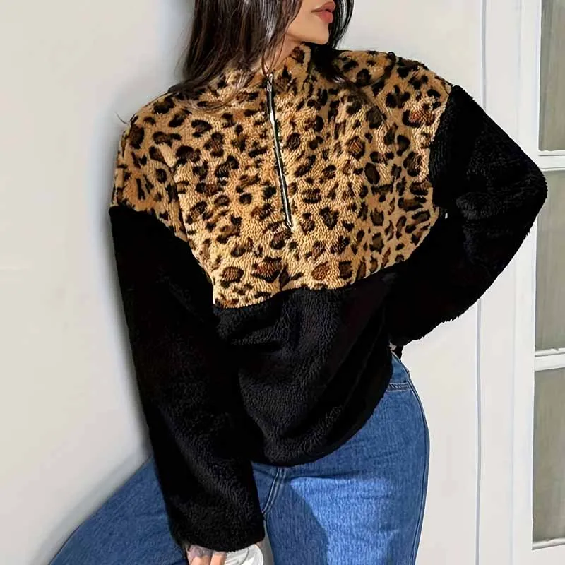 Women Clothing Fashion Long Sleeve Women Pullovers Stand Collar Leopard Print Spliced Pullover Women Tops Sueters De Mujer Q6862