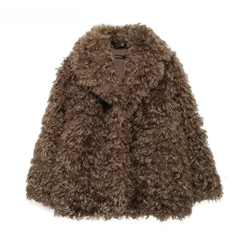 

KADUWAKI Women's Faux Fur Coat Brown Retro Jacket 2025 Autumn Winter Long Sleeve Lapel Польто Женское Mirador