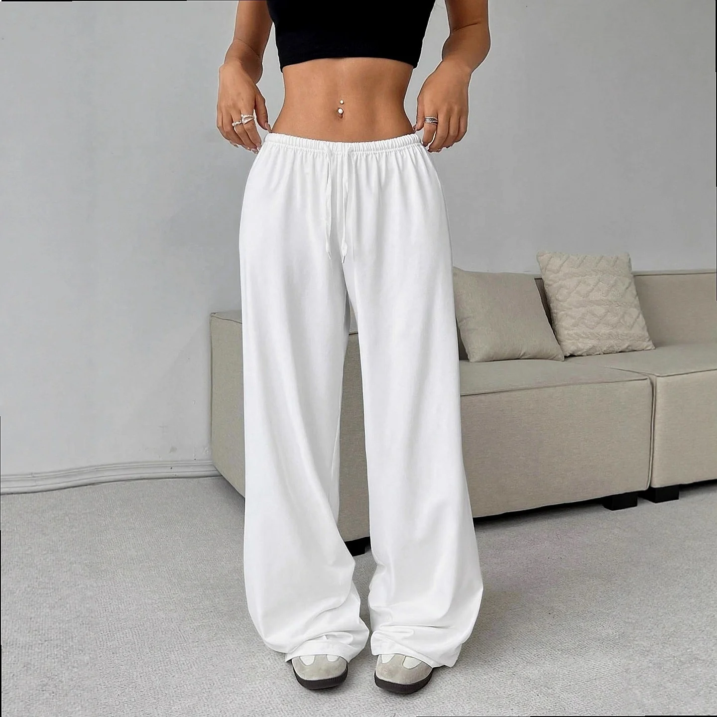 Pure Color Casual Wide Leg Pants with Elastic Waist and Tie, Trousers, Loungewear, Spring Summer