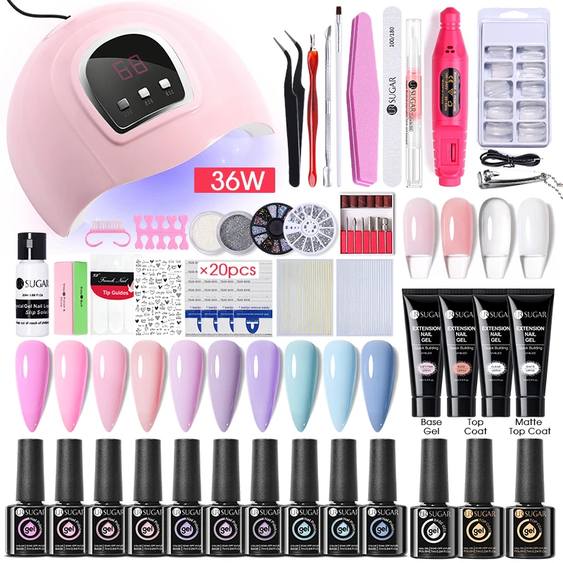 UR SUGAR Nail Quick Extensions UV Gel Set With 36W UV Lamp Acrylic 12PCS Color Nail Gel Polish Top Coat Base Gel Manicure Kit