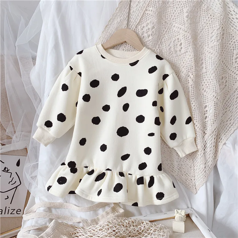 Girls\' Warm Sweater Dress 2022 Winter New Korean Girls\' Splicing Pleated Dress Polka Dot Printed Baby Kids Casual Clothing