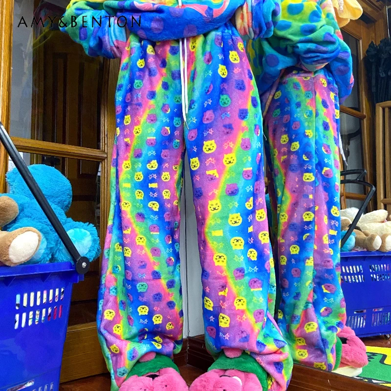 التصميم الأصلي Y2K الحيوان طباعة المرأة سراويل تقليدية النمط الياباني الخريف الشتاء جديد فضفاض الصوف مبطن سراويل طويلة السيدات #1