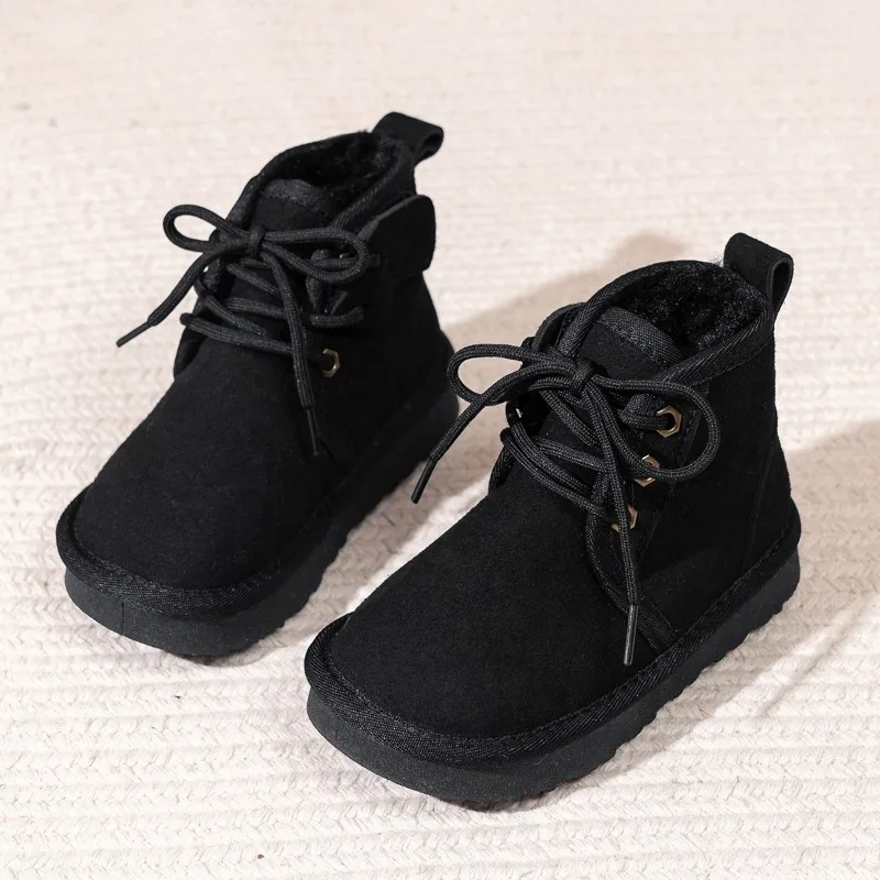 Kids' Black Suede Snow Boots Lace-Up Fleece-Lined Warm Winter Footwear for Children Fashionable Soft Soled Non Slip Leather Boot