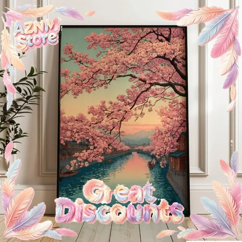 Vintage Japanese Cherry Blossom Wall Print Decor - Ukiyo-e Style Woodblock Print of a Kyoto River at Sunset, Framed by Lush P