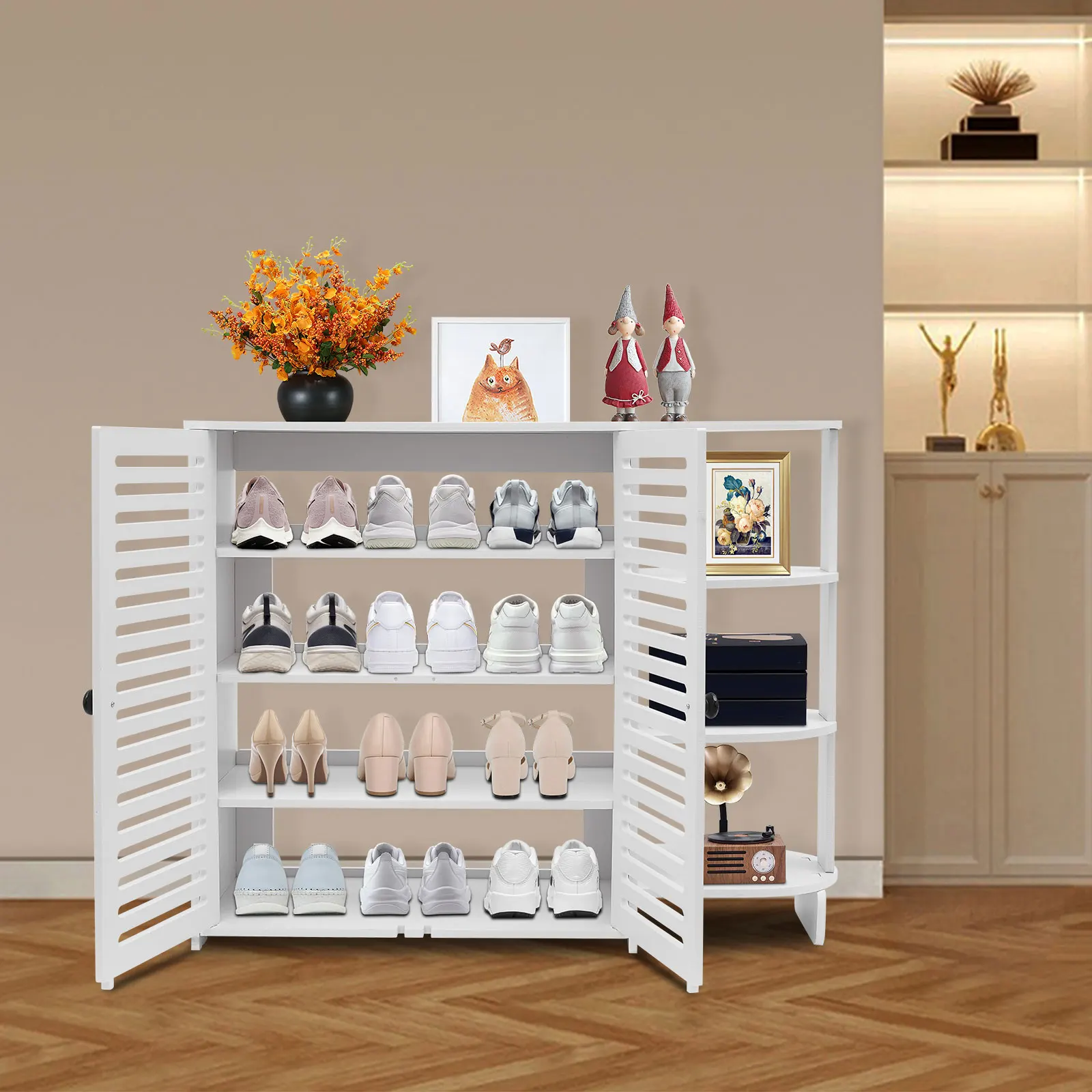 

Шкаф для обуви — 4-уровневое современное хранилище с дверцами, 37x12,2x29,7 дюйма, белый ПВХ, дерево-пластик, нагрузка 220,46 фунта, боковые полки с решетчатыми дверями