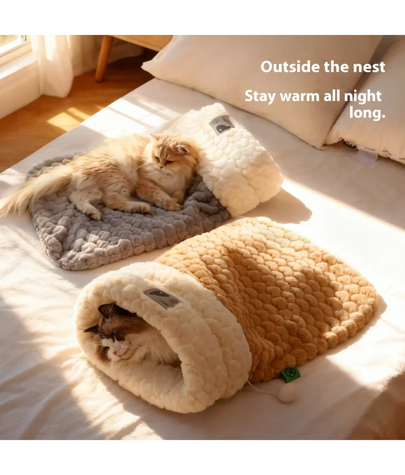 

Enclosed Cat Bed with Tunnel Entrance - Self Warming Plush Rabbit Fur Sleeping Bag for Winter, Secure Hideout for Pets