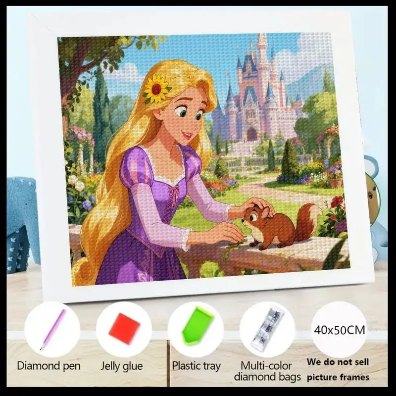 

5D Full Drill Diamond Painting Kit, DIY Princess Rapunzel with Sunflower & Cute Squirrel in Castle Garden Scene, Crystal Diamond