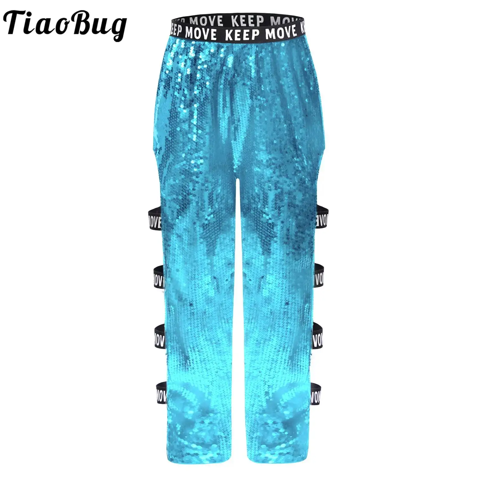 Kinder Mädchen Jazz Dance Kostüme Hosen Glitzernde Pailletten Hip-Hop Straße Moderne Dancewear Ausschnitt Seite Hosen Bühnenkostüm