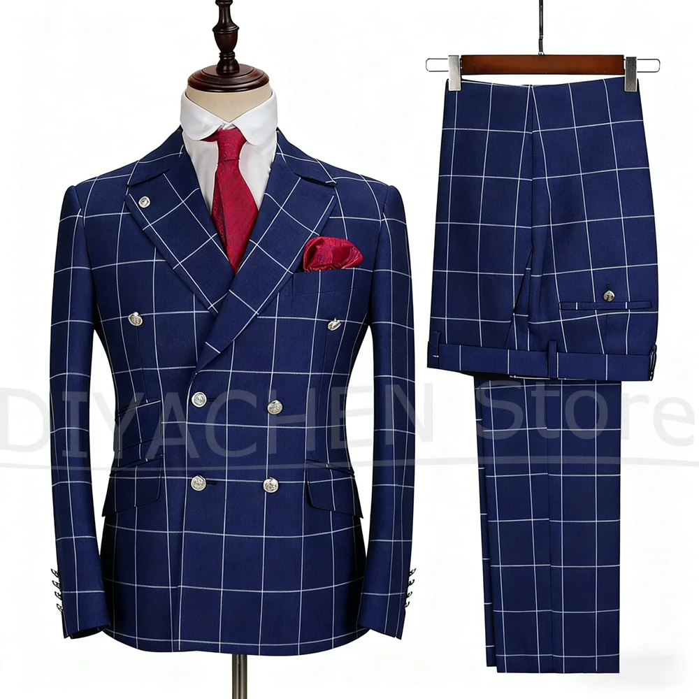 

Fashion Men's Plaid Suit Set Slim Chic Peak Lapel Double Breasted Outfit 2 Piece Business Casual Wedding Suits (Blazer+Pants)