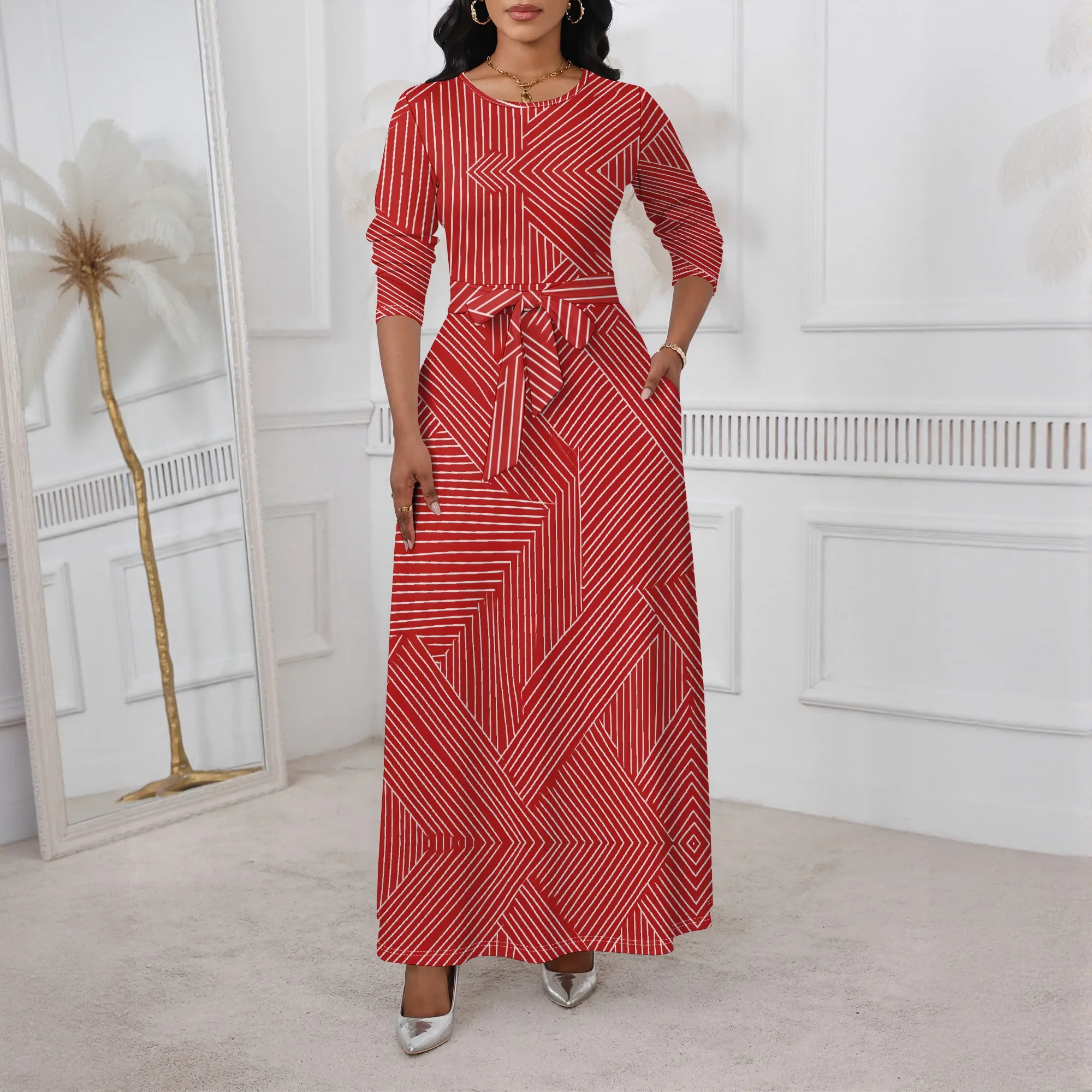 

Geometric Stripe Maxi Dress XS-3XL Long Sleeve Belted Crew Neck Style for Office Look, Art Gallery or Fall Streetwear