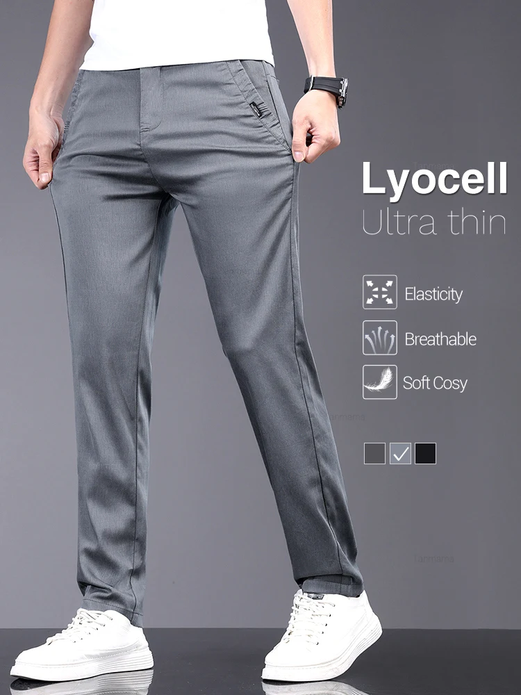 

Summer Ultra-thin Men's Lyocell Casual Pants Breathable Soft Ice Silk Elastic Straight Business Trousers Black Gray