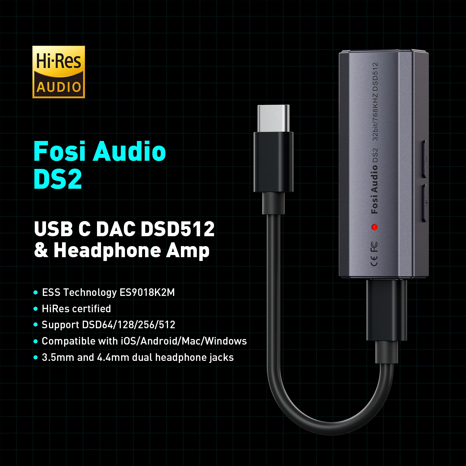 Fosi Audio DS2 DS512 HiFi DAC Headphone Amplifier Mini Audio USB DAC Amp Support 32bit/768kHz with 3.5MM & 4.4MM Dual Outputs