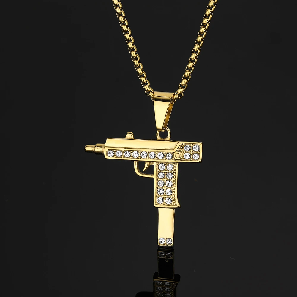 Punk Assault Rifle UZI Gun Iced Out Shiny CZ Pendant Male Gold Color Stainless Steel Rapper Necklace Man Hippie Military Jewelry