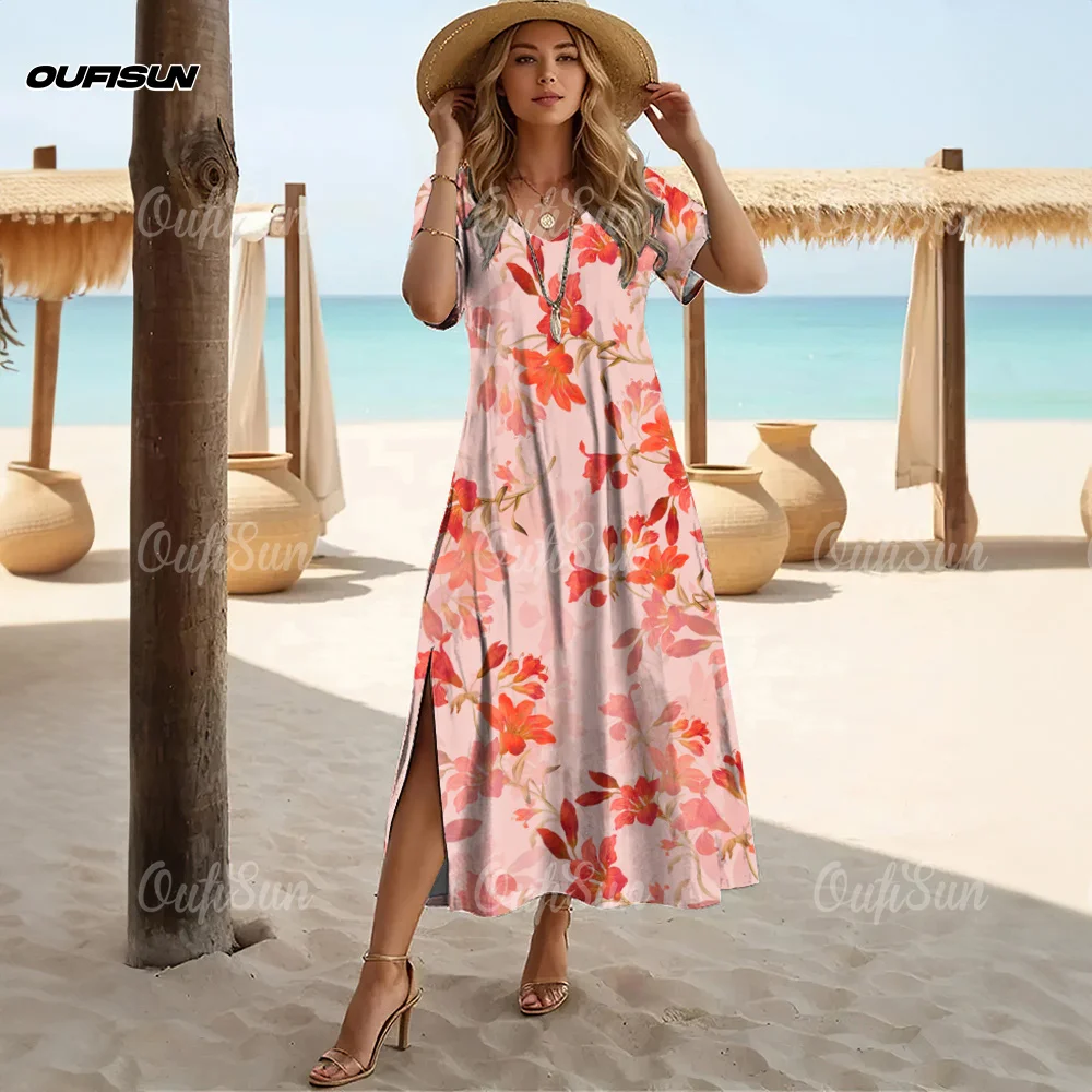 Hawaii Women's V-Neck Dresses Summer Casual Short Sleeve Vacation Beachwear Bohemian Style Floral Fashion Women's Clothing