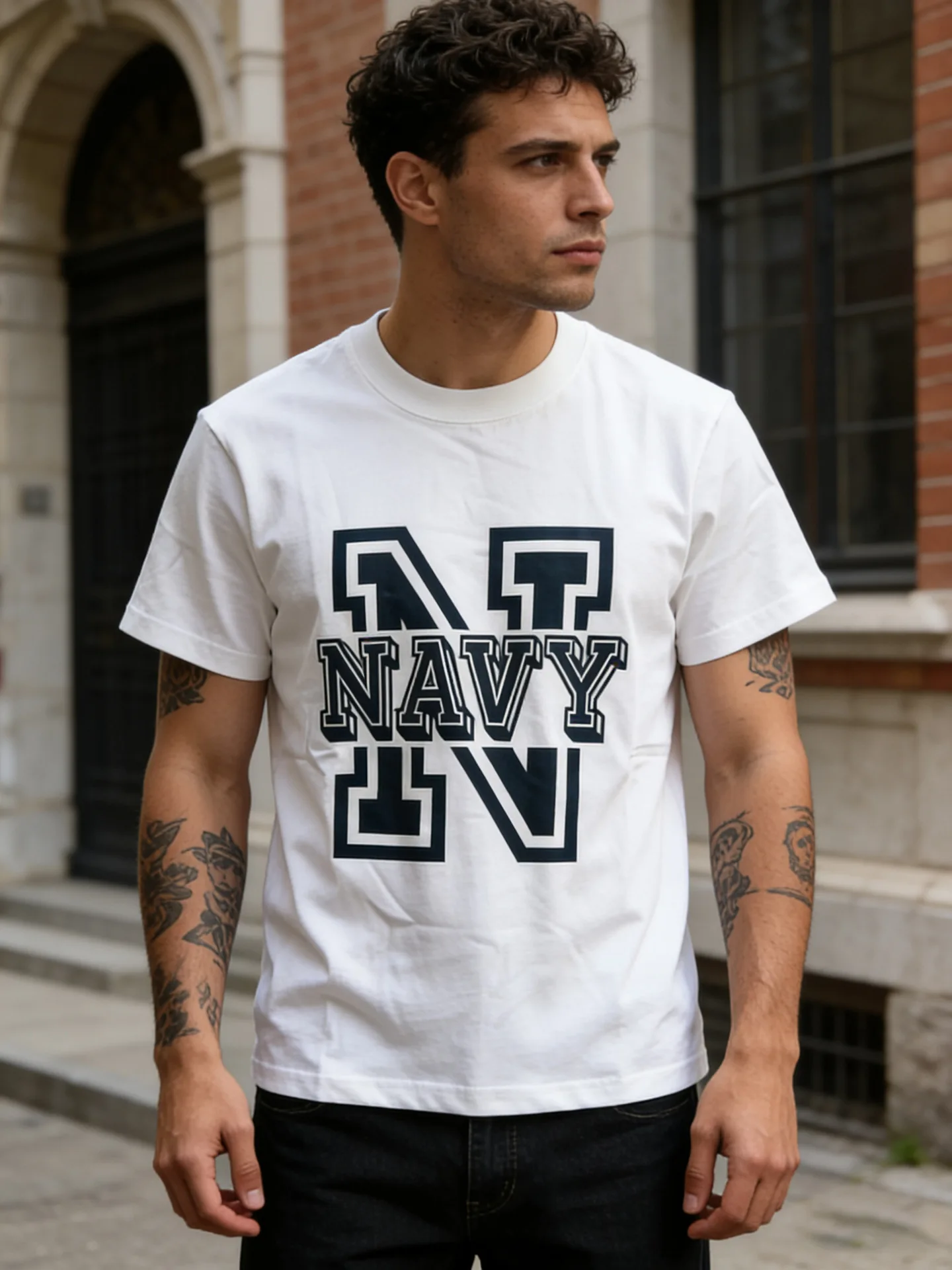 OKONKWO NAVY Navy Military Style T-Shirt, 210g, Letter Print, Americana Style, Crew Neck, Short Sleeve.