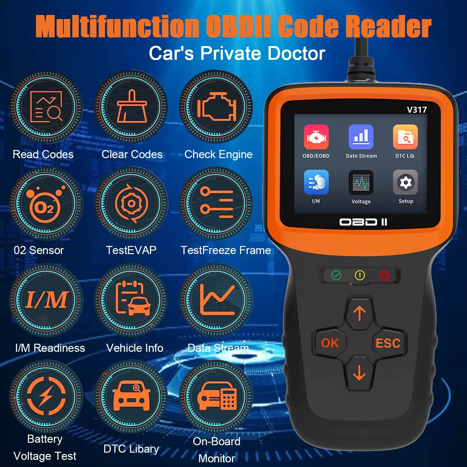 V317 OBD2 Scanner Auto Check Car Engine Clear Fault Code Reader Car Diagnostic Tester OBD2/EOBD Vehicle Scanning Tester Tool