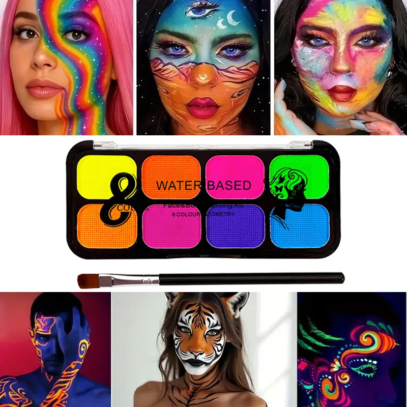 8-Color Water-Soluble Fluorescent Body Paint Set with 1 Brush,Water-Based Body Paint Kit for Halloween,Parties,Theaters,Cosplay