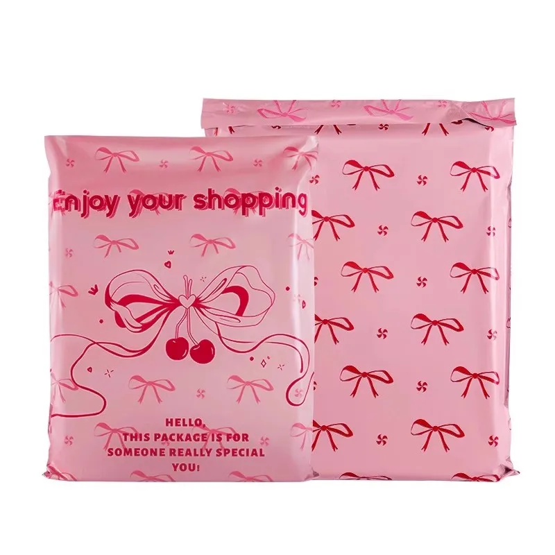 50Pcs Cartoon Printing Pink Express Pouch Cute Bow Thickened Clothing Packaging Bag Logistics Waterproof Foldable Shopping Bag
