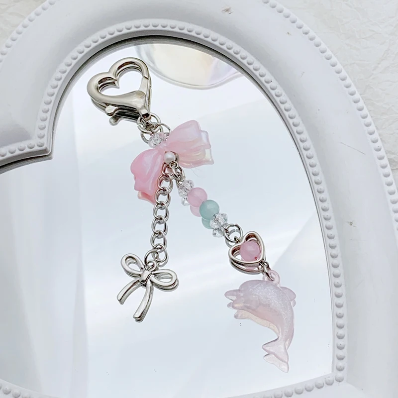 INS Small Fresh Pink Bow Love Dolphin Beaded Keychain Pendant Bag Pendant Tide